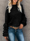 Solid Color Petal Sleeve Cable Knit Sweater