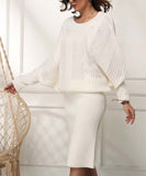 White Cable-Knit Blouson Sweater Dress