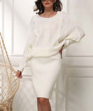 White Cable-Knit Blouson Sweater Dress