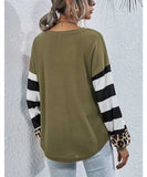 Stripe Leopard Long Sleeve Knit Sweatshirt