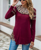 Wine Leopard-Contrast Button-Accent Asymmetrical-Hem Tunic Top