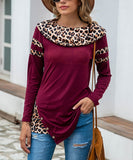 Wine Leopard-Contrast Button-Accent Asymmetrical-Hem Tunic Top