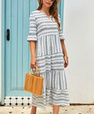 White & Blue Stripe Tiered Notch Neck Midi Dress